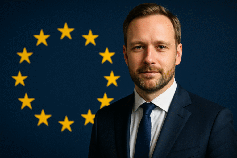 European Union official standing beside the EU flag with the circle of twelve stars.