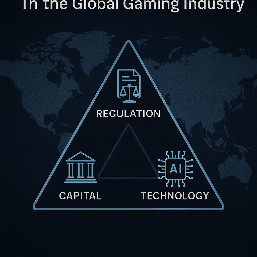Diagram showing the new architecture of power in the global gaming industry, highlighting the three pillars: regulation, capital and AI-driven technology.