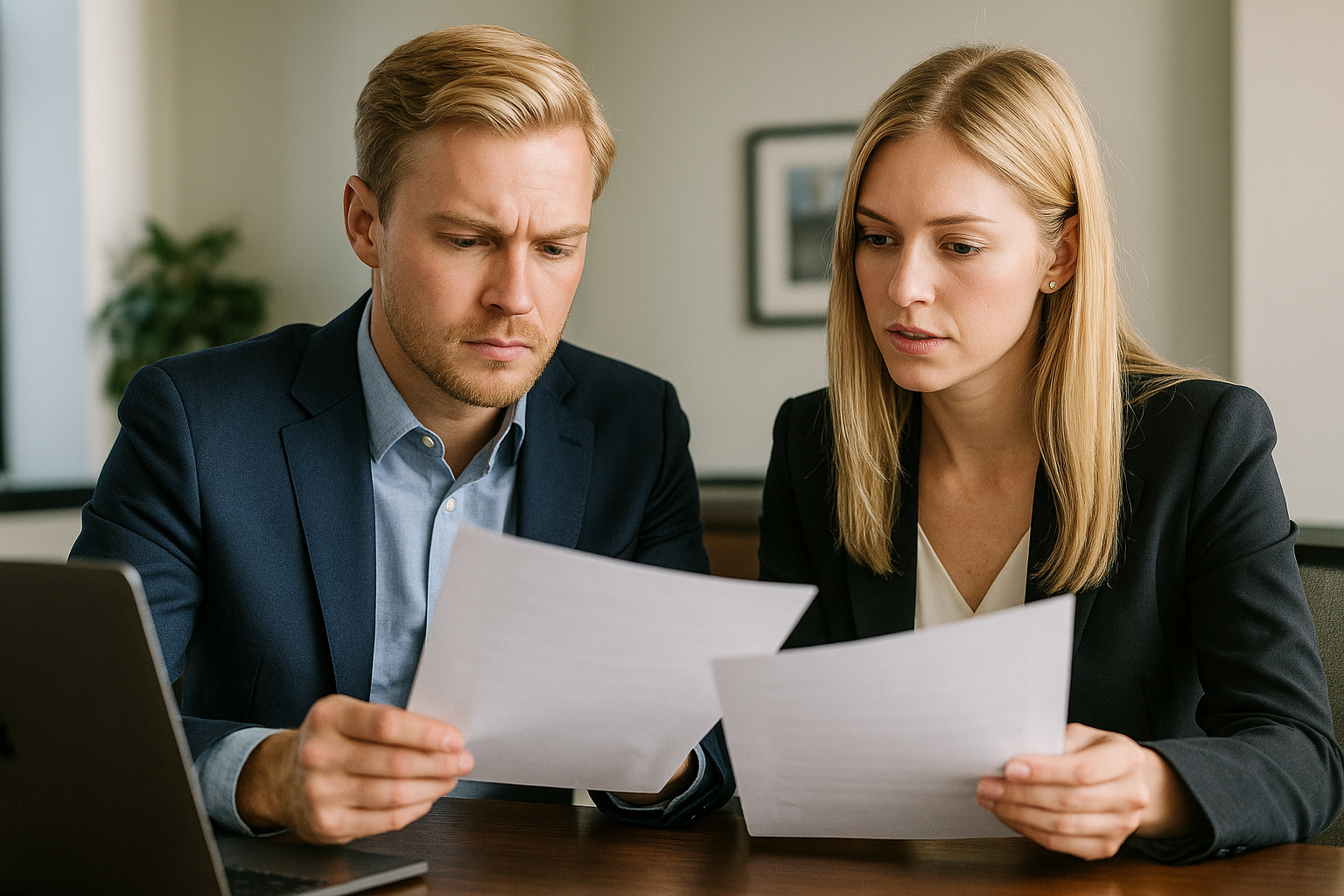 Regulatory analysts reviewing compliance documents in a modern office.