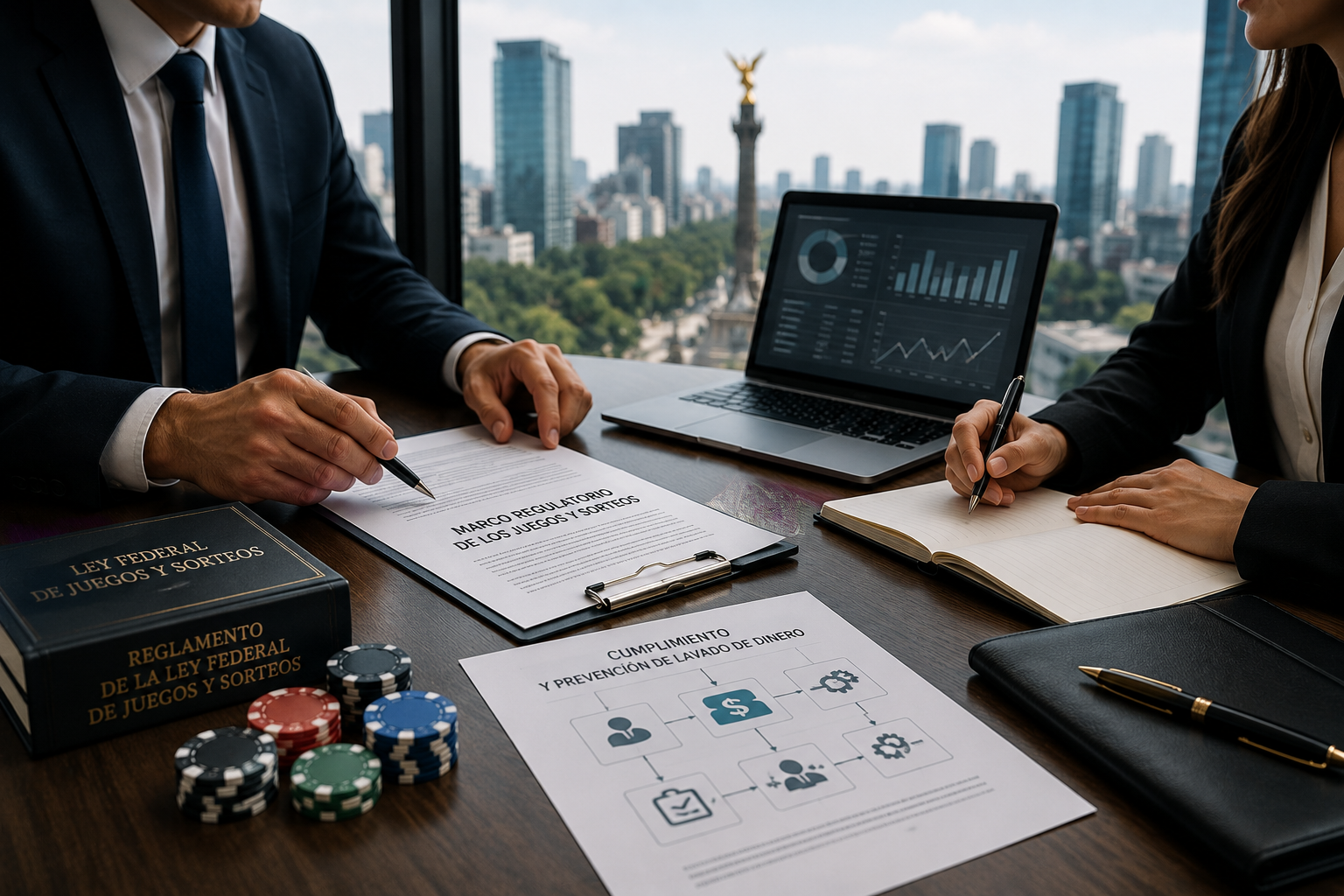 Business professionals reviewing Mexico gambling regulation and compliance documents in a Mexico City office